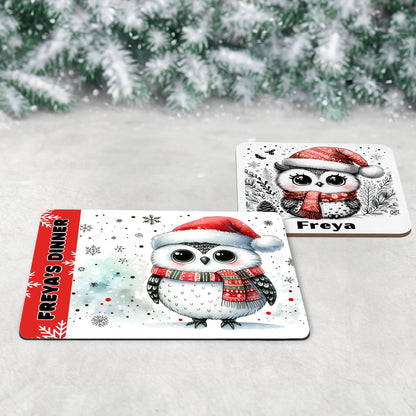 Christmas mug, coaster and placemat set featuring cute owls in santa hats and scarves. All personalised with childs name