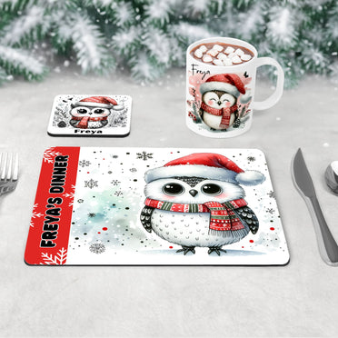 Christmas mug, coaster and placemat set featuring cute owls in santa hats and scarves. All personalised with childs name