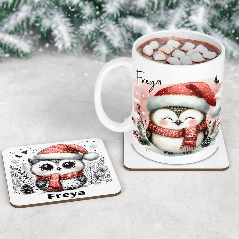 Christmas mug, coaster and placemat set featuring cute owls in santa hats and scarves. All personalised with childs name
