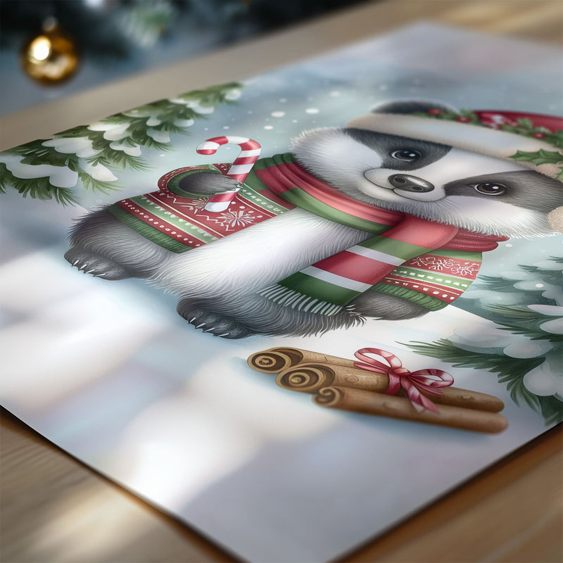 Set of 4 Nursery Childrens Prints depicting cute woodland animals - badger, fox, bear, owl, dressed in hats and scarves with snowy woodland background