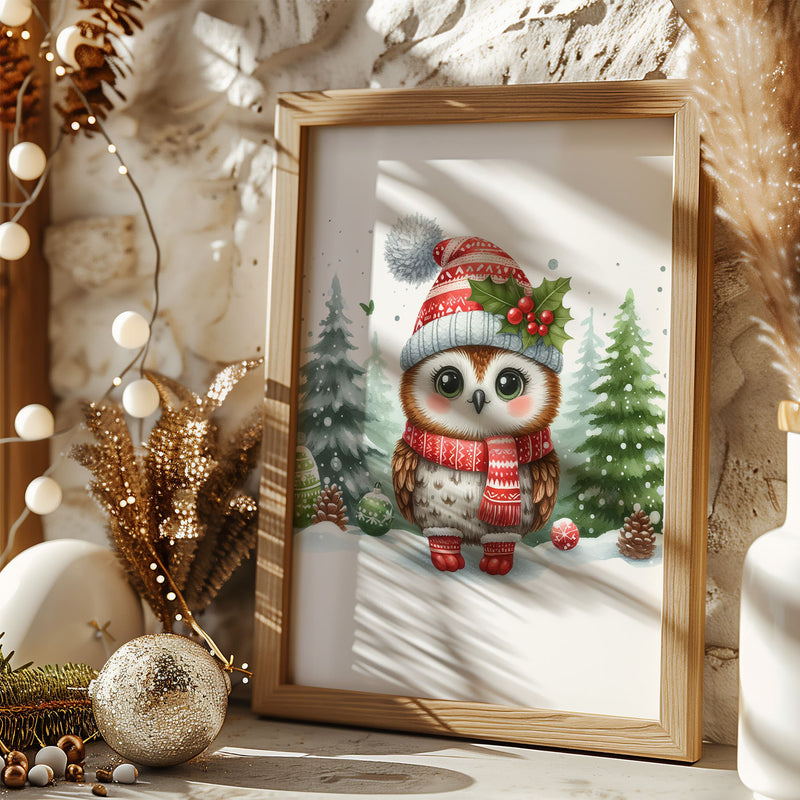 Set of 4 Nursery Childrens Prints depicting cute woodland animals - badger, fox, bear, owl, dressed in hats and scarves with snowy woodland background