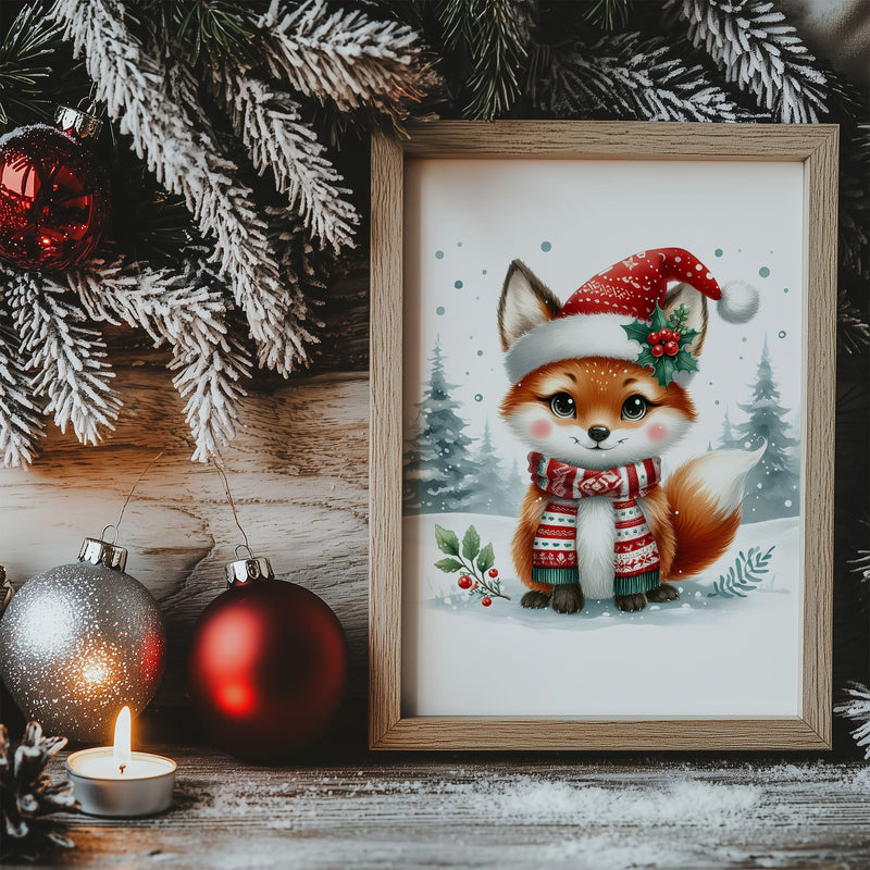 Set of 4 Nursery Childrens Prints depicting cute woodland animals - badger, fox, bear, owl, dressed in hats and scarves with snowy woodland background
