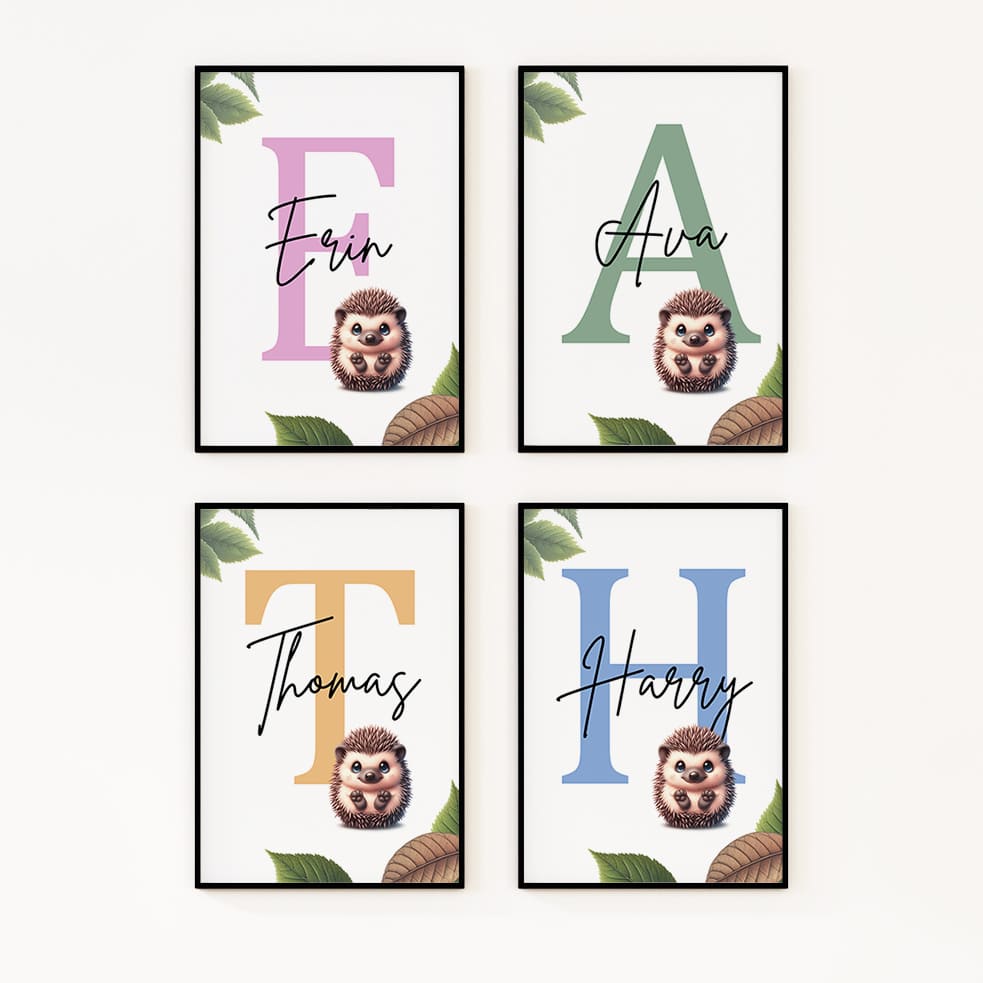 Image featuring four prints, each with a small hedgehog image overlaid on a large initial in the background. The initials in each print are of different colours, with a personalised name written across them.