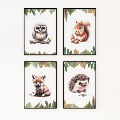 Set of four A4 prints featuring woodland baby animals - owl, fox, badger, and squirrel. The animals are depicted in a cartoony style, resembling coloured pencil drawings. Woodland leaves decorate the edges of the prints. 