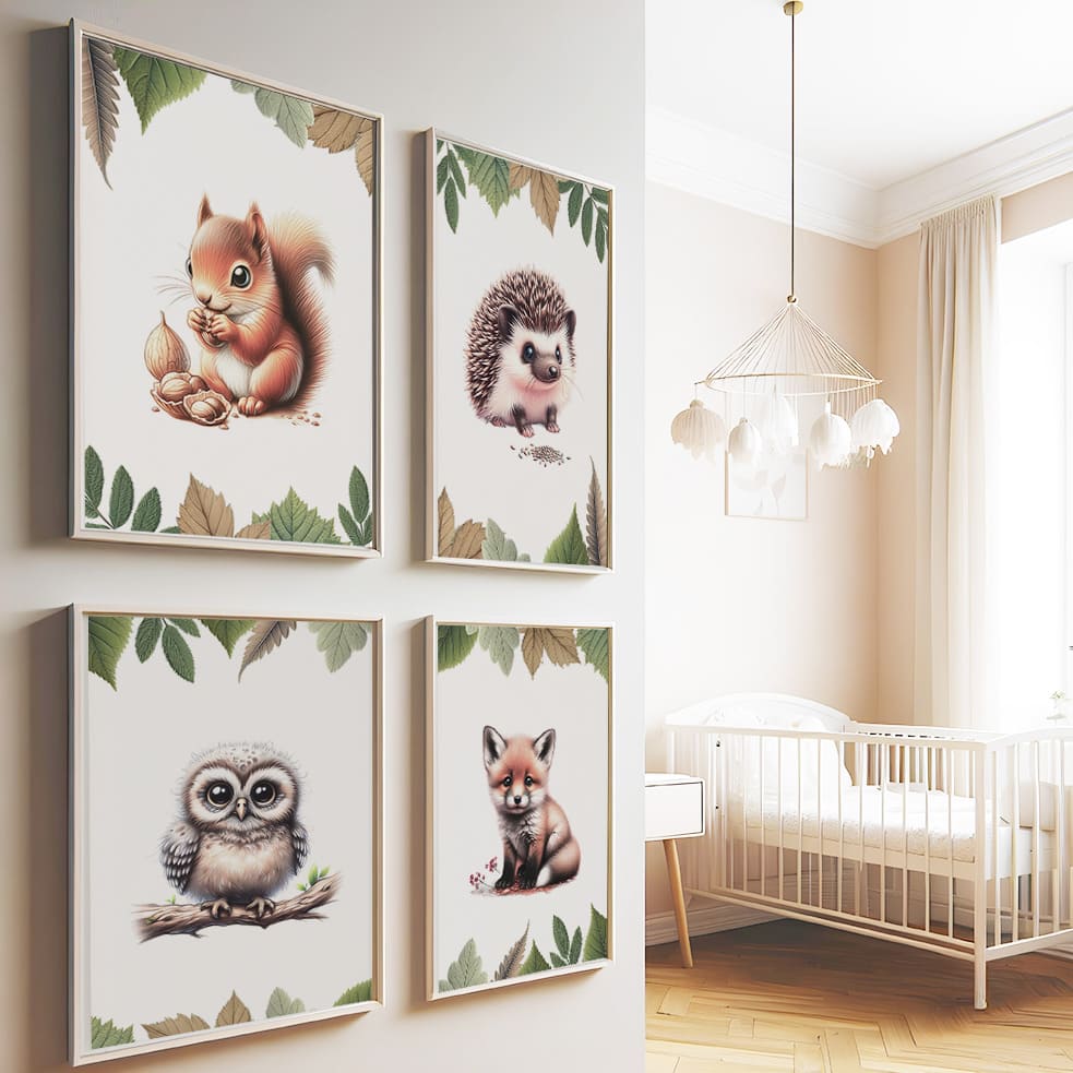 Set of four A4 prints featuring woodland baby animals - owl, fox, badger, and squirrel. The animals are depicted in a cartoony style, resembling coloured pencil drawings. Woodland leaves decorate the edges of the prints. 