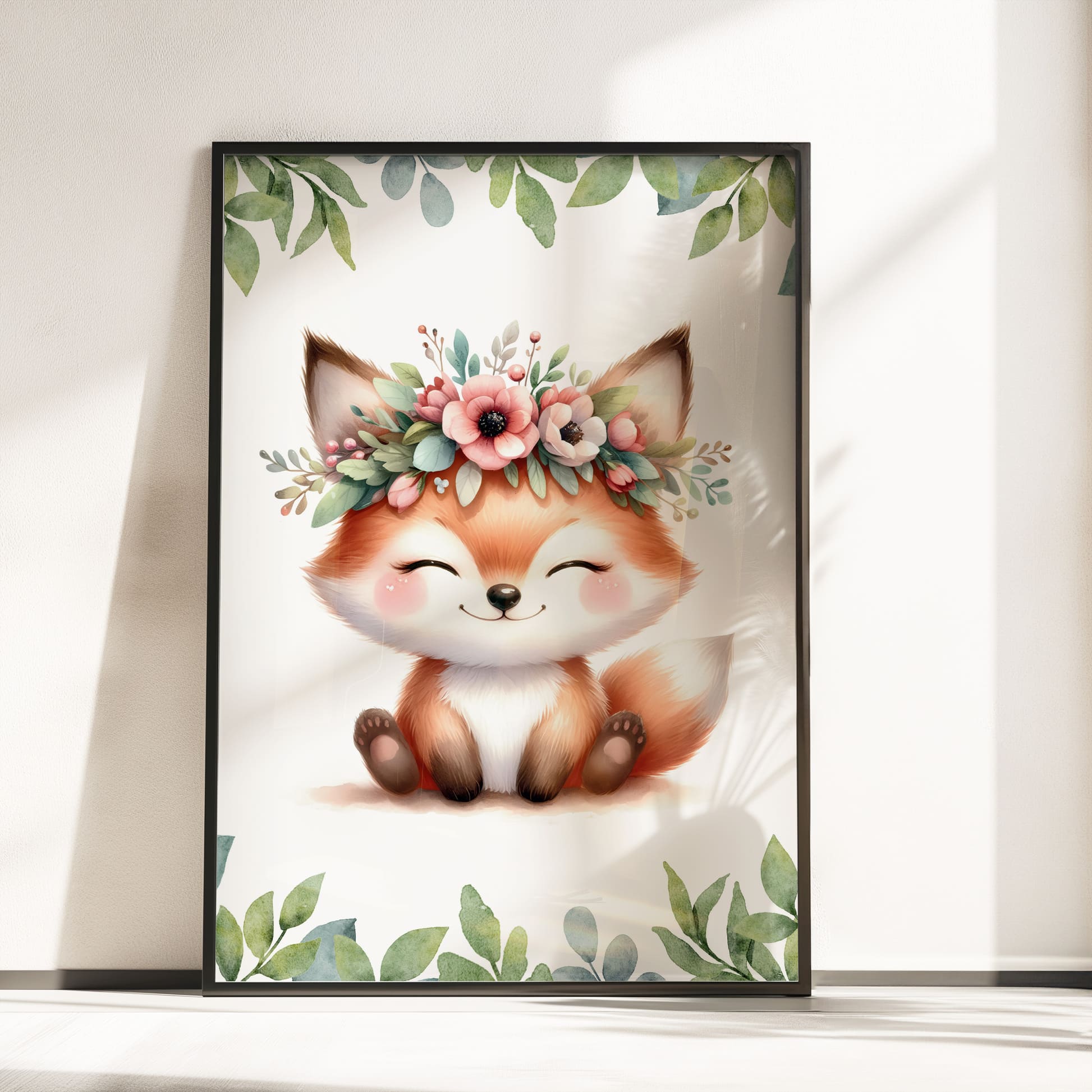 Three A4 Prints for childrens nursery. A cute fox and owl wearing flower crowns.The third print has a pink flower and leaf pattern, with a large dark pink inital letter and childs name written in white with dark pink outline