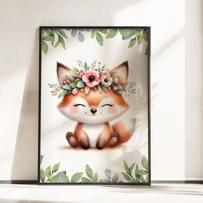 Three A4 Prints for childrens nursery. A cute fox and owl wearing flower crowns.The third print has a pink flower and leaf pattern, with a large dark pink inital letter and childs name written in white with dark pink outline