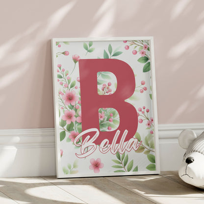 Three A4 Prints for childrens nursery. A cute fox and owl wearing flower crowns.The third print has a pink flower and leaf pattern, with a large dark pink inital letter and childs name written in white with dark pink outline