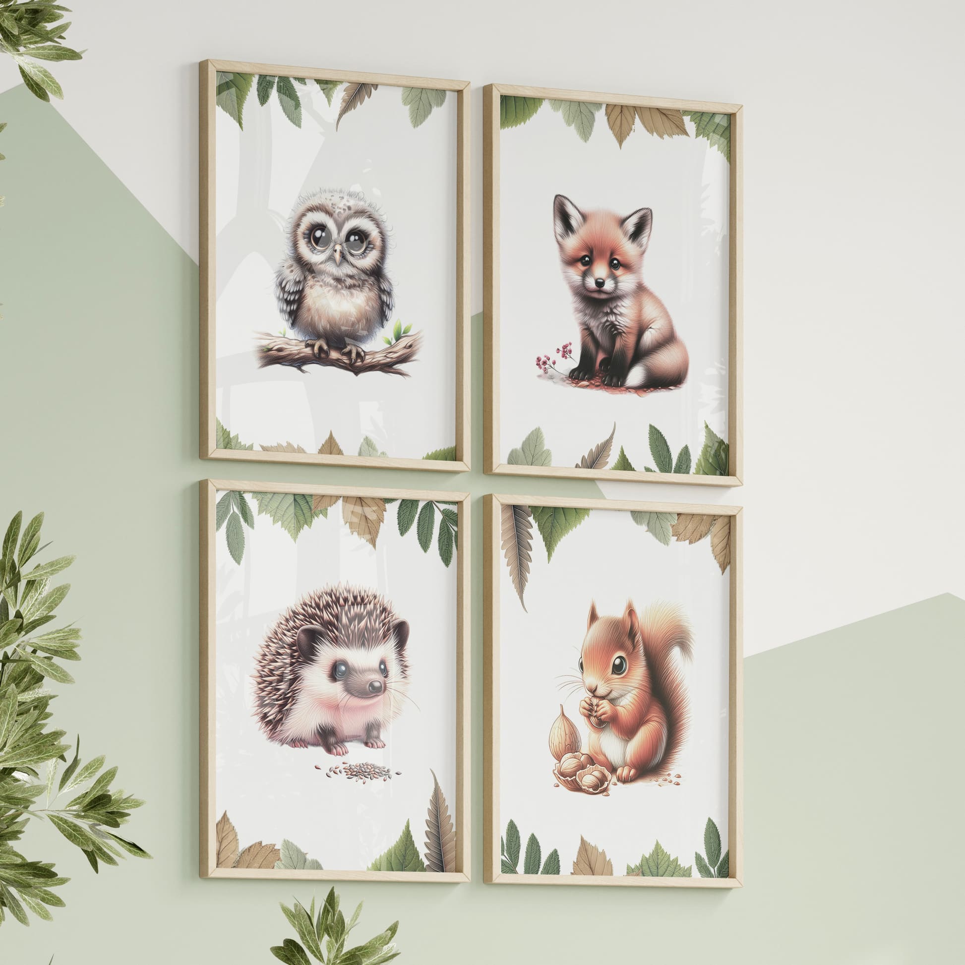 Set of four A4 prints featuring woodland baby animals - owl, fox, badger, and squirrel. The animals are depicted in a cartoony style, resembling coloured pencil drawings. Woodland leaves decorate the edges of the prints.