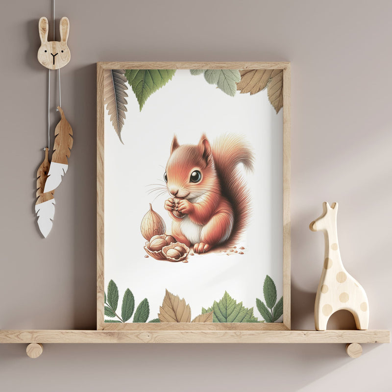 Set of four A4 prints featuring woodland baby animals - owl, fox, badger, and squirrel. The animals are depicted in a cartoony style, resembling coloured pencil drawings. Woodland leaves decorate the edges of the prints.