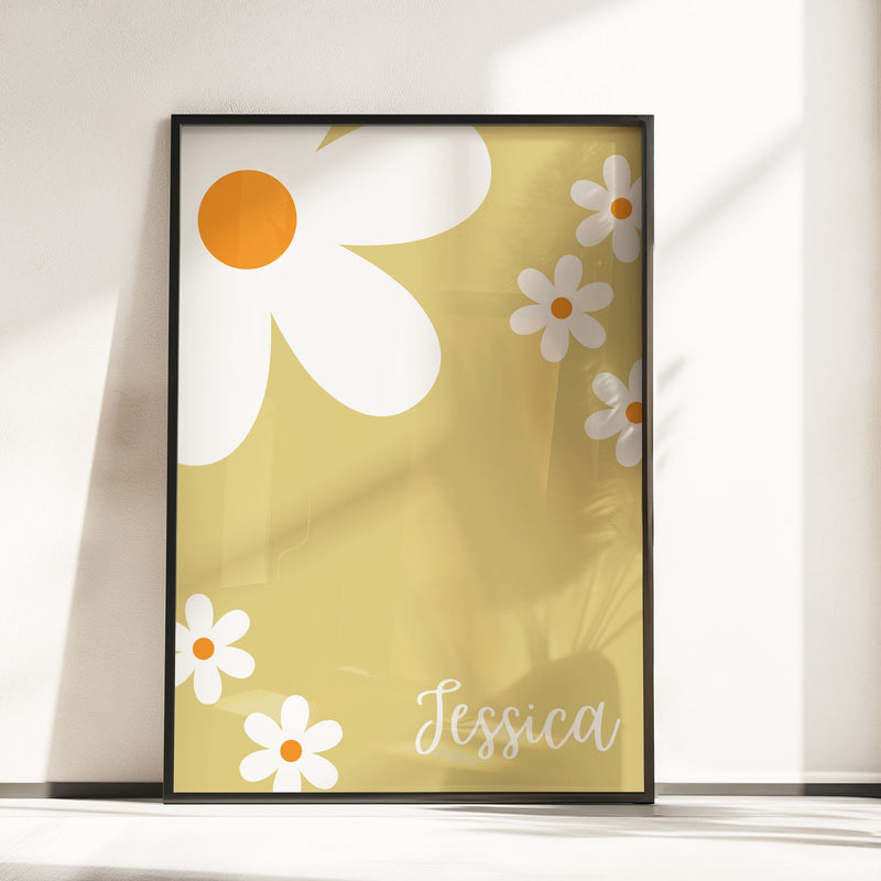 3 boho style nursery prints in shades of yellow. One print with a boho yellow rainbow, one with a spotty black and white background, and childs initial, one with daisys and childs name