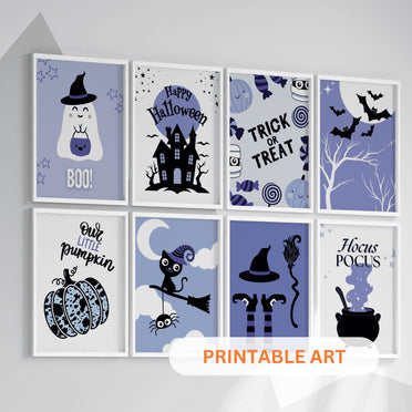 Printable Halloween Children's Decor - Set of 8 Prints in Blue