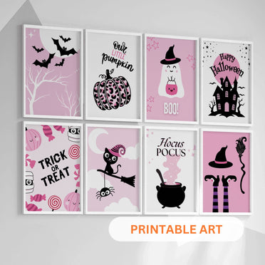 Printable Halloween Children's Decor - Set of 8 Prints in Pink