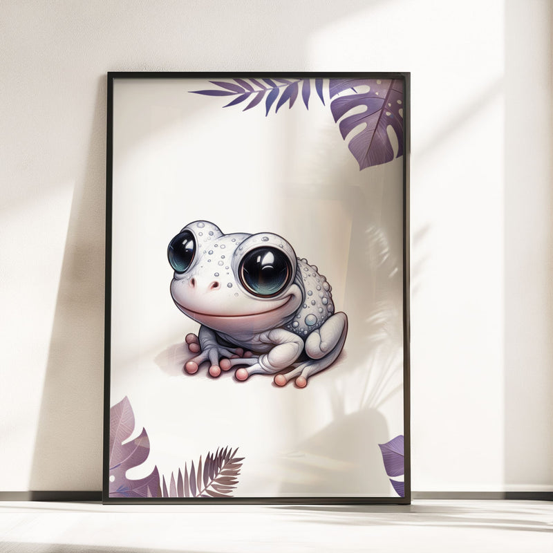 Set of three A4 prints featuring pink/purple reptiles/amphibians - frog, lizard, and snake. The animals are depicted in a cartoony, style resembling coloured pencil drawings in warm shades of pink, purple and orange. Jungle-style leaves in shades of purple decorate the edges of the prints. The middle print features a smaller animal than the others, with a large initial letter in the background. A personalised name in black overlays the initial letter.
