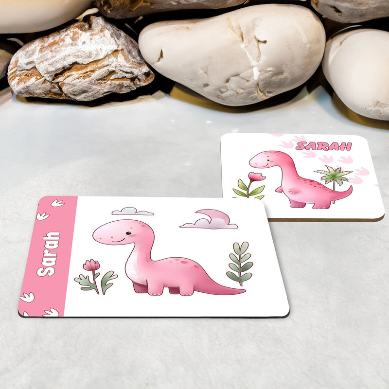 White Placemat and Coaster Set with Cute friendly pink dinosaur , flower and dinosaur prints. Personalised with Childs name